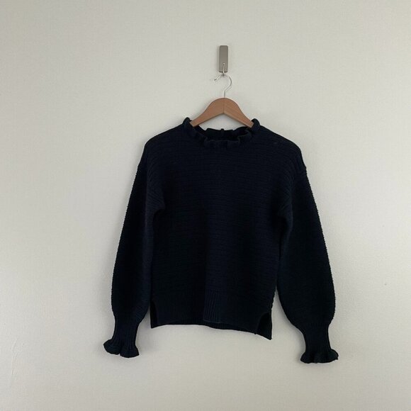 Madewell Ruffle Neck Pullover Black Wool Blend Sweater Size XS - Picture 1 of 6